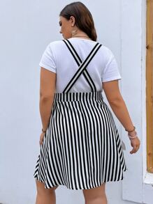 SHEIN Unity Plus Vertical Striped Button Front Dual Pockets Suspender Skirt - Black and White - View 2