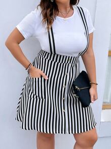 SHEIN Unity Plus Vertical Striped Button Front Dual Pockets Suspender Skirt - Black and White - View 6