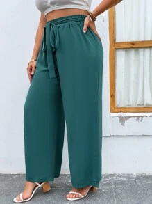 SHEIN Unity 大碼高衩闊腿腰帶長褲 - 綠色 - 查看 2