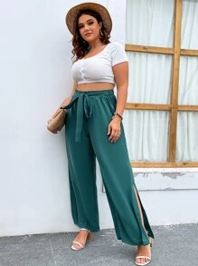 SHEIN Unity 大碼高衩闊腿腰帶長褲 - 綠色 - 查看 1