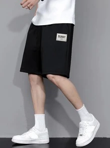 Manfinity Hypemode Men's Loose Fit Letter Design Patched Slant Pocket Shorts Baggy Drawstring Knee - Black - View 3