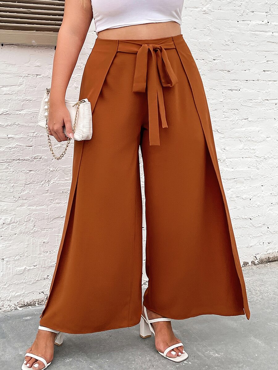 Plus Knot Front Wrap Wide Leg Trousers - Rust Brown - View 1