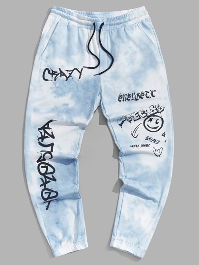 Guys Drawstring Waist Letter & Cartoon Graphic Sweatpants