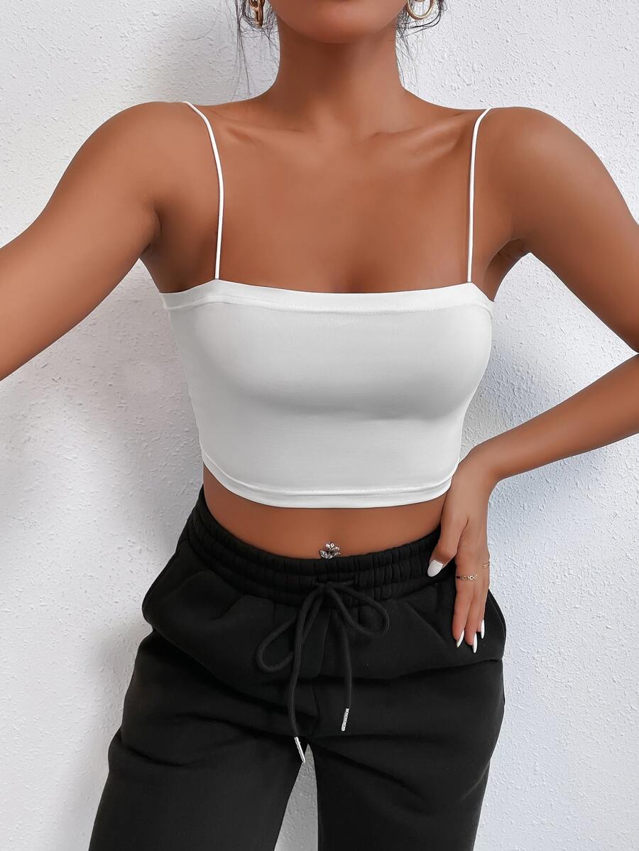 SHEIN PETITE Solid Slim Crop Cami Top - White - View 1