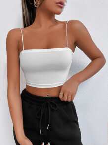 SHEIN PETITE Solid Slim Crop Cami Top - White - View 3