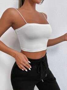 SHEIN PETITE Solid Slim Crop Cami Top - White - View 4