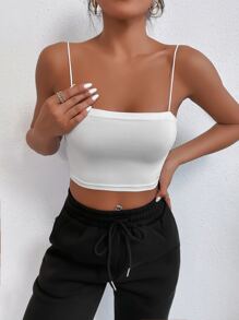 SHEIN PETITE Solid Slim Crop Cami Top - White - View 5