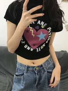 Letter & Heart Pattern Crop Tee - Black - View 1