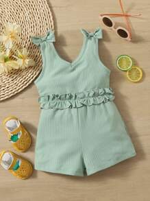 嬰兒羅紋針織肩部蝴蝶結荷葉邊連身短褲 - 薄荷綠 - 查看 1
