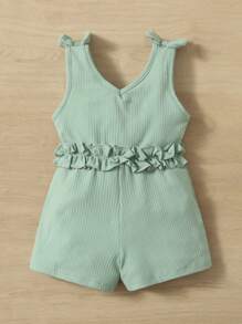 嬰兒羅紋針織肩部蝴蝶結荷葉邊連身短褲 - 薄荷綠 - 查看 2