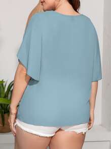 SHEIN LUNE Plus Keyhole Neck Petal Sleeve Blouse - Dusty Blue - View 2