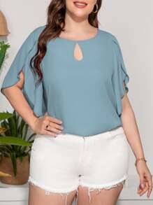 SHEIN LUNE Plus Keyhole Neck Petal Sleeve Blouse - Dusty Blue - View 3