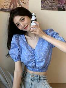 Camisa corta floral de manga farol fruncido - Azul - Ver 1