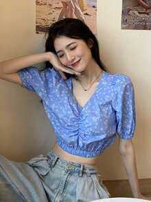 Camisa corta floral de manga farol fruncido - Azul - Ver 3