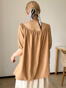 DAZY 燈籠袖船領襯衫 - 棕色 - 查看 2