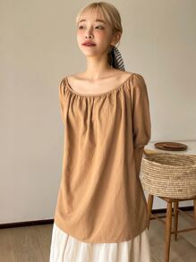 DAZY 燈籠袖船領襯衫 - 棕色 - 查看 6