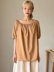 DAZY 燈籠袖船領襯衫 - 棕色 - 查看 4