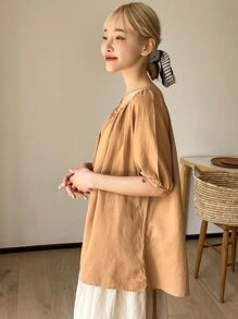 DAZY 燈籠袖船領襯衫 - 棕色 - 查看 5