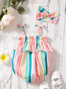 Baby Girl Block Striped Ruffle Trim Shirred Cami Bodysuit With Headband - Multicolor - View 1