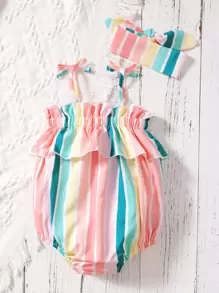 Baby Girl Block Striped Ruffle Trim Shirred Cami Bodysuit With Headband - Multicolor - View 2