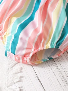 Baby Girl Block Striped Ruffle Trim Shirred Cami Bodysuit With Headband - Multicolor - View 4