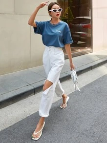 DAZY 標語圖案落肩T恤 - 藍色 - 查看 6