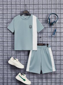 SHEIN Leap Crew 男孩撞色卡通圖案T恤和運動短褲 - 薄荷綠 - 查看 1