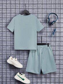 SHEIN Leap Crew 男孩撞色卡通圖案T恤和運動短褲 - 薄荷綠 - 查看 2