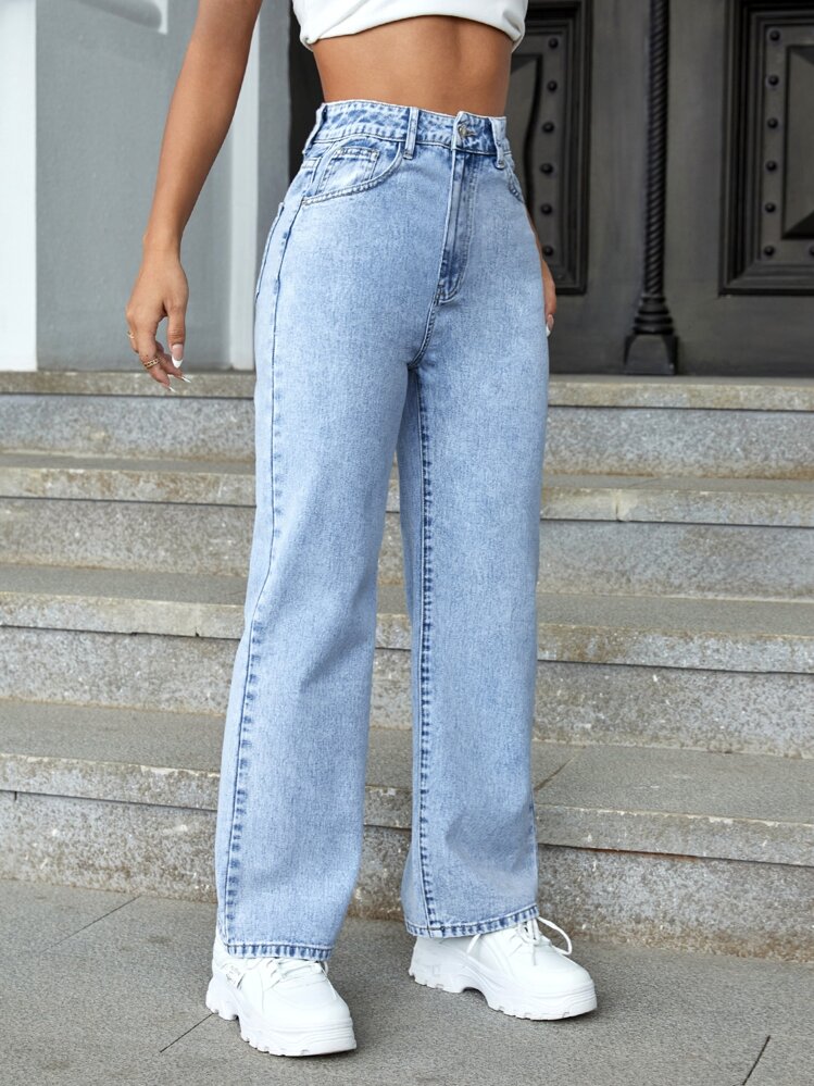 SHEIN ICON Summer High Waist Straight Leg Jeans - Light Wash - View 3