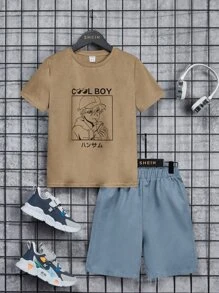 SHEIN 少年男孩日文字母和卡通圖形t卹和短褲 - 彩色 - 查看 1