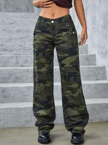 Camo Print Wide Leg Jeans - Multicolor - View 1