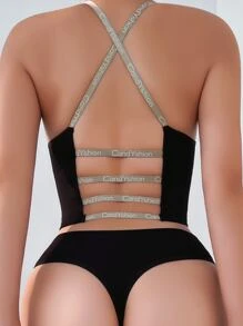 Letter Tape Panel Crisscross Back Lingerie Set - Black - View 1