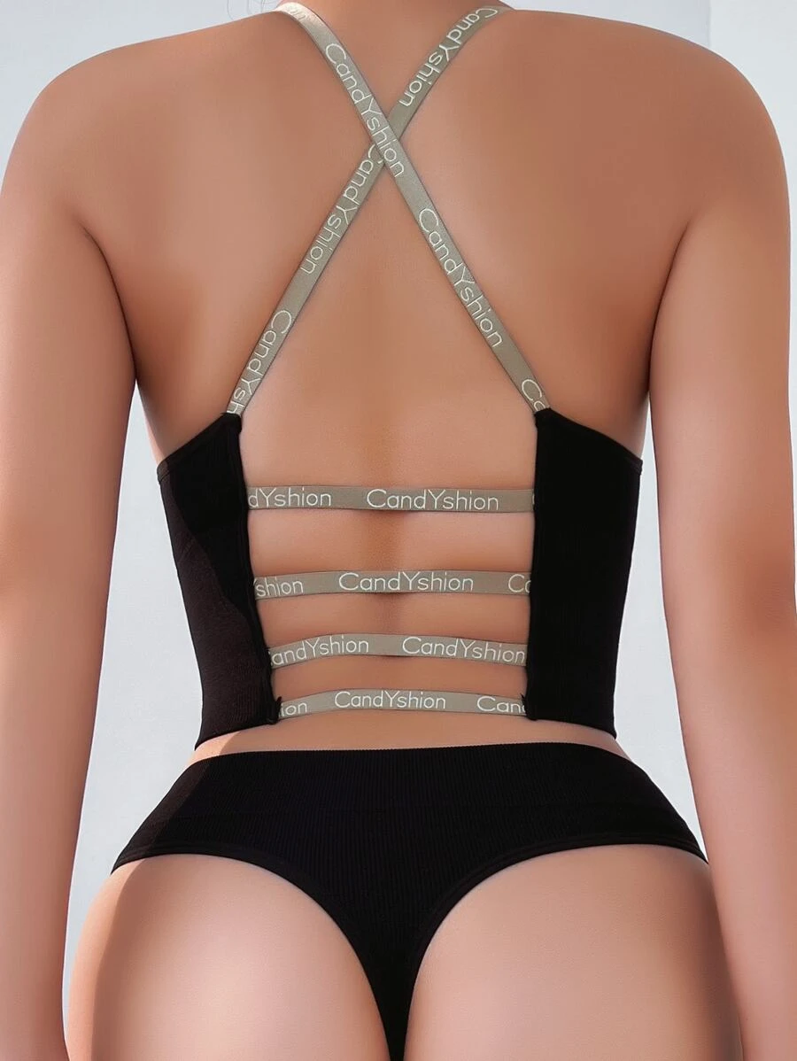 Letter Tape Panel Crisscross Back Lingerie Set - Black - View 1
