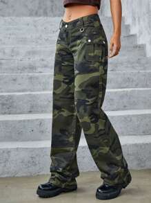 Camo Print Wide Leg Jeans - Multicolor - View 4