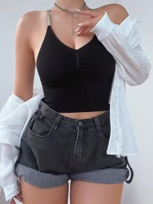 Letter Tape Panel Crisscross Back Lingerie Set - Black - View 4