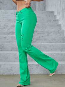 Jeans de pierna amplia unicolor desgarro - Verde - Ver 1