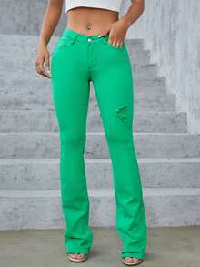 Jeans de pierna amplia unicolor desgarro - Verde - Ver 5