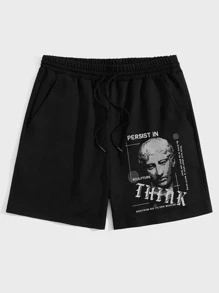 Manfinity Men Slogan & Figure Graphic Drawstring Waist Shorts - Black - View 1