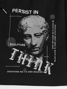 Manfinity Men Slogan & Figure Graphic Drawstring Waist Shorts - Black - View 3