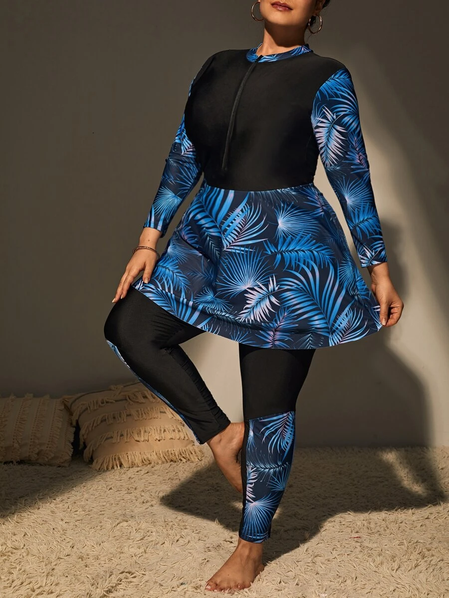 Swim Mulvari Plus Tropical Print Zip Front Full Body Burkini Swimsuit - Multicolor - View 1