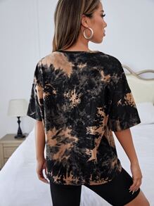 SHEIN EZwear 骷髏手掌圖案紮染落肩T恤 - 棕色 - 查看 2