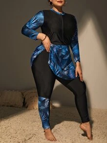 Swim Mulvari Plus Tropical Print Zip Front Full Body Burkini Swimsuit - Multicolor - View 4