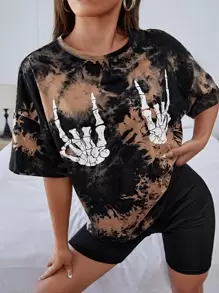 SHEIN EZwear 骷髏手掌圖案紮染落肩T恤 - 棕色 - 查看 4