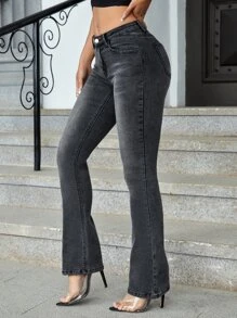 Slant Pocket Flare Leg Jeans - Dark Grey - View 1