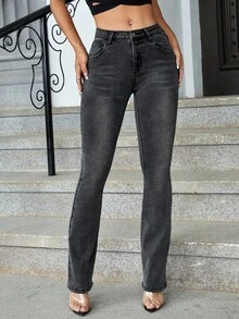 Slant Pocket Flare Leg Jeans - Dark Grey - View 3