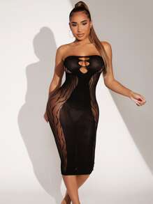 Classic Sexy Mesh Cut Out Bandeau Bodycon Dress Without Liner - Black - View 3