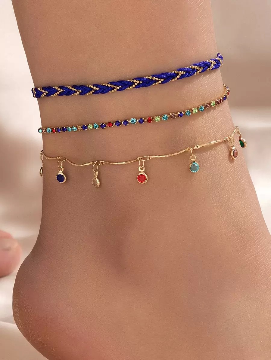 3 piezas Pulsera tobillera de color al azar con diseño de diamante de imitación