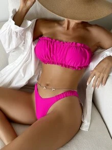 3packs Neon Pink Ruched Frilled High Cut Bikini For Summer Beach Vacation - Hot Pink - View 1
