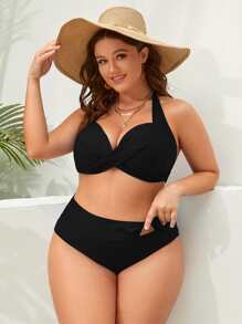 SHEIN Swim Curve Plus Size Wrap Cross Bow Side Push Up Bikini Set Summer Beach - Black - View 1