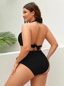 SHEIN Swim Curve Plus Size Wrap Cross Bow Side Push Up Bikini Set Summer Beach - Black - View 2